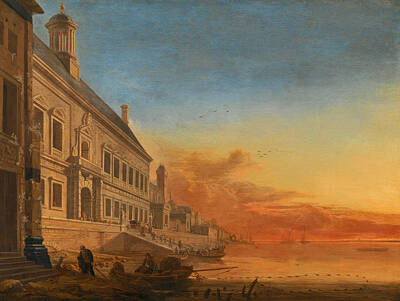 Gerard Houckgeest Painting - A Coastal Architectural Capriccio At Sunset by Gerard Houckgeest