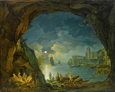 Joseph Rebell Painting - A Moonlit Coastal Landscape With Figures Resting In A Cave Beside A Fire by Joseph Rebell