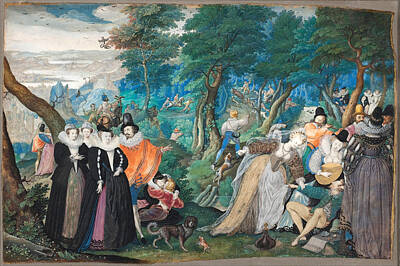 Isaac Oliver Painting - A Party In The Open Air. Allegory On Conjugal Love by Isaac Oliver