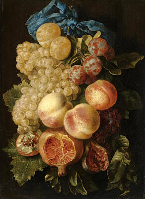  Painting - A Still Life With Plums Grapes Peaches And A Pomegranate Tied With A Blue Ribbon by Carstian Luyckx