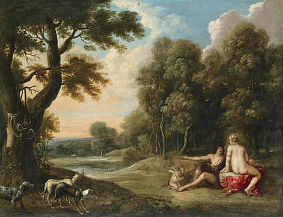 Adonis Painting - A Wooded Landscape With Venus Adonis And Cupid by Frans Wouters