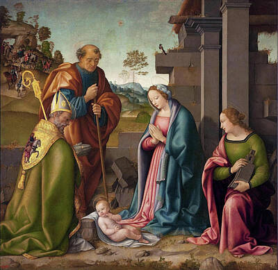 Raffaello Botticini Painting - Adoration Of The Christ Child With St Barbara And St Martin by Raffaello Botticini