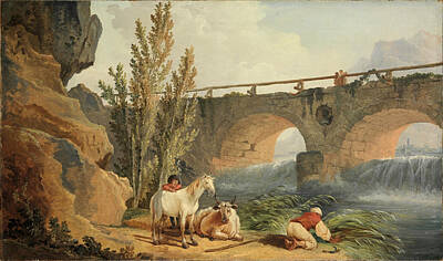 Hubert Robert Painting - Bridge Over A Cascade by Hubert Robert