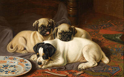 Horatio Henry Couldery Painting - Dinner Two Pugs And A Terrier by Horatio Henry Couldery