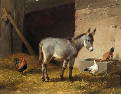 Donkey Painting - Donkey And Chickens In The Barn by Eugene Verboeckhoven