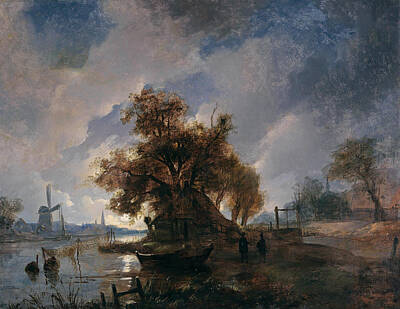 Remigius Adrianus Haanen Painting - Dutch River Landscape In The Moonlight by Remigius Adrianus Haanen
