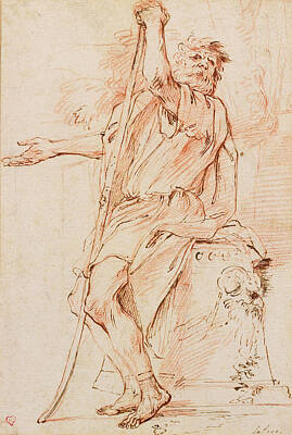 Raymond Lafage Drawing - Figure With A Staff Resting On A Plinth by Raymond Lafage