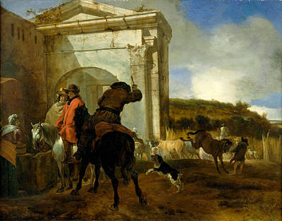 Jan Baptist Weenix Painting - Italian Landscape With Horsemen By A Spring by Jan Baptist Weenix
