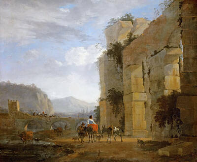 Berchem Painting - Italian Landscape With Ruined Aqueduct by Nicolaes Pietersz Berchem