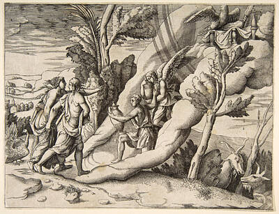 Ganymede Drawing - Jupiter And Juno Being Received In The Heavens By Ganymede And Hebe by Giulio Bonasone