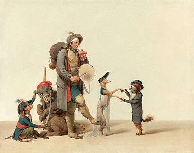 Bear Painting - La Piece Curieuse. An Animal Trainer With Dancing Dogs A Bear And Monkey by Louis Leopold Boilly
