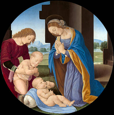 Angel Painting - Madonna Adoring The Child With The Infant Saint John The Baptist And An Angel by Lorenzo di Credi