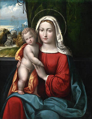 Benvenuto Tisi Painting - Madonna And Child Before A Curtain A Mountainous Landscape Beyond by Benvenuto Tisi