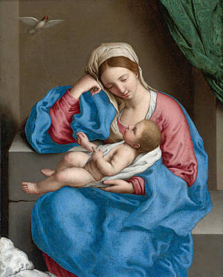 Sassoferrato Painting - Madonna With The Infant Christ Child Holding A Goldfinch On A String by Sassoferrato