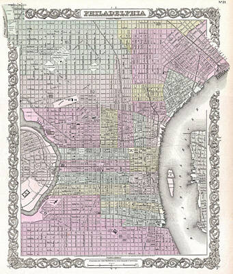 Philadelphia Drawing - Map Of Philadelphia. Pennsylvania by Joseph Hutchins Colton