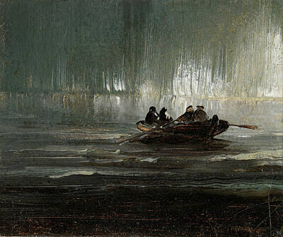 Peder Balke Painting - Northern Lights Over Four Men In Rowboat by Peder Balke