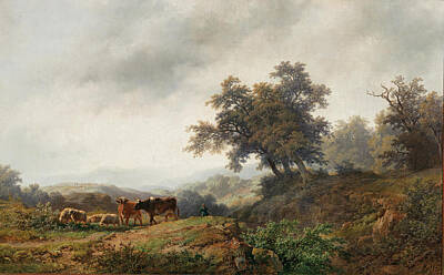 Remigius Adrianus Haanen Painting - Open Landscape With Cows And Herdsman by Remigius Adrianus Haanen