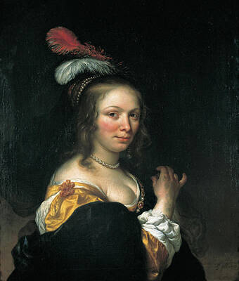  Painting - Portrait Of Young Woman With A Hat With Feathers by Govert Flinck