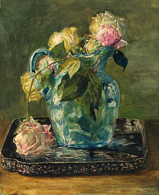  Painting - Roses In A Blue Crackle Glass Pitcher by John LaFarge