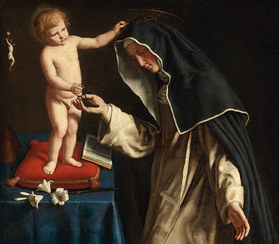 Sassoferrato Painting - Saint Catherine Of Siena Receiving The Crown Of Thorns From The Christ Child by Sassoferrato