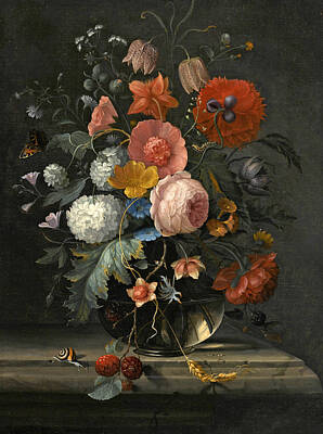 Painting - Still Life Of Roses Fritillaria Viburnum And Other Flowers In A Glass Vase Resting On A Ledge With A by Pieter Gallis