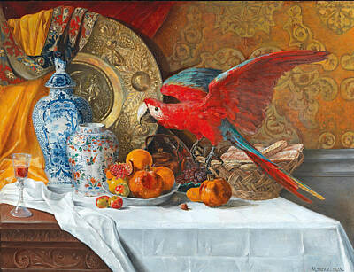 Adrien Moreau Painting - Still Life With Parrot by Adrien Moreau