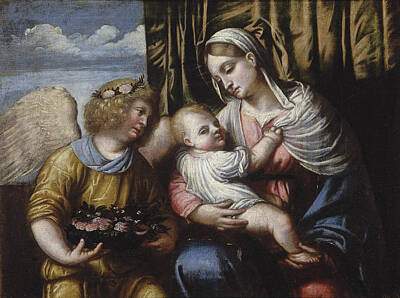 Moretto Da Brescia Painting - The Madonna And Child With An Angel by Workshop of Moretto da Brescia
