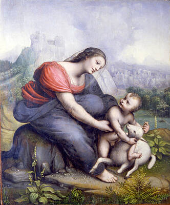 Cesare Da Sesto Painting - The Virgin And Child With A Lamb by Cesare da Sesto