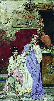 Svedomsky Painting - Two Roman Women With A Flute And A Tambourine by Pavel Aleksandrovich Svedomsky