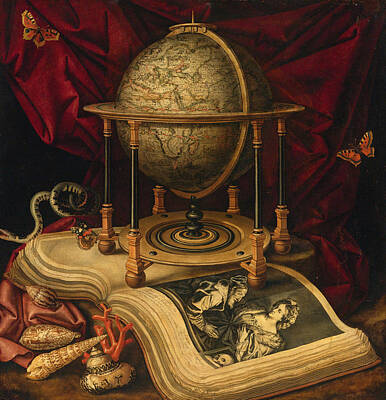Carstian Luyckx Painting - Vanitas Still Life With A Terrestrial Globe A Book Shells A Snake And Butterflies by Carstian Luyckx
