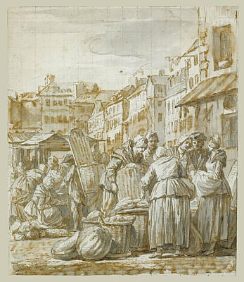  Drawing - Women Gathered At A Street Market by Nicolas Bernard Lepicie