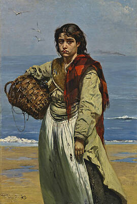  Painting - Young Girl With Basket At A Sea Shore by Frank Buchser