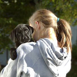 A Girl Holds A Baby Black Labrador