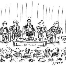 Five Men Sit On A Stage In Front Of An Audience by David Sipress