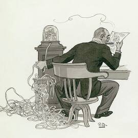 A Gentleman Reading Next To A Ticket Tape Machine by Pierre Brissaud