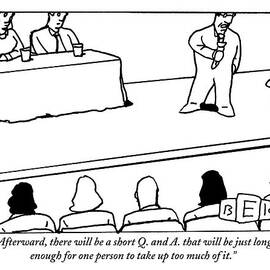 A Host Speaks To An Audience. Two Panelists Sit by Bruce Eric Kaplan