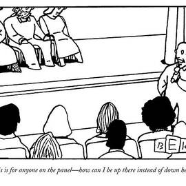 A Man Asking A Question At A Panel Lecture by Bruce Eric Kaplan