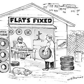 A Man Holding A Tire Walks Into Flats Fixed by Nick Downes