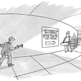 A Man In A Tunnel Holds A Flashlight At Another by Jack Ziegler