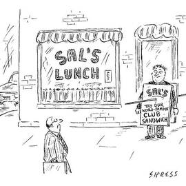 A Man Stands In Front Of A Sandwich Shop Wearing by David Sipress