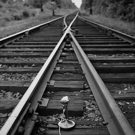 A Microphone Placed In Between Railroad Tracks by Richard Rutledge