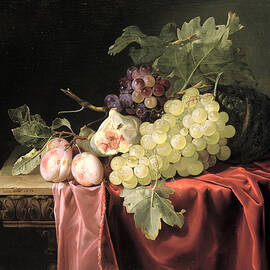 A Still Life With Grapes, Plums, Figs And A Melon On A Partly Draped Stone Ledge, 1653 Oil On Canvas by Willem van Aelst