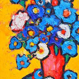 Abstract Blue And White Poppies On Yellow by Ana Maria Edulescu