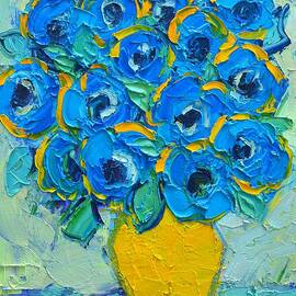 Abstract Bunch Of Blue Poppies In Yellow Vase by Ana Maria Edulescu