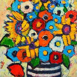 Abstract Flowers - Sunflowers And Colorful Poppies In Striped Vase by Ana Maria Edulescu