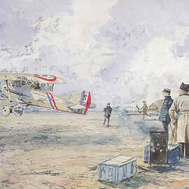 An Aeroplane Taking Off, 1913 Wc On Paper by Francois Flameng