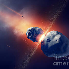 Asteroids collide and explode  in space by Johan Swanepoel