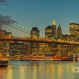 Brooklyn Bridge Twilight Panoramic by Clarence Holmes