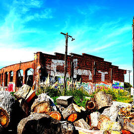 By the Wood Pile Outside the Old Train Roundhouse at Bayshore near San Francisco and the Cow Palace  by Jim Fitzpatrick