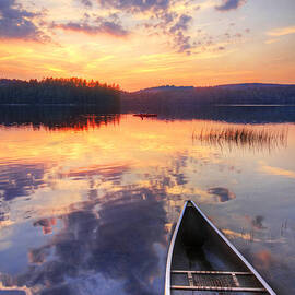 Canoe And Kayak In Mountain Lake At by Matt Champlin